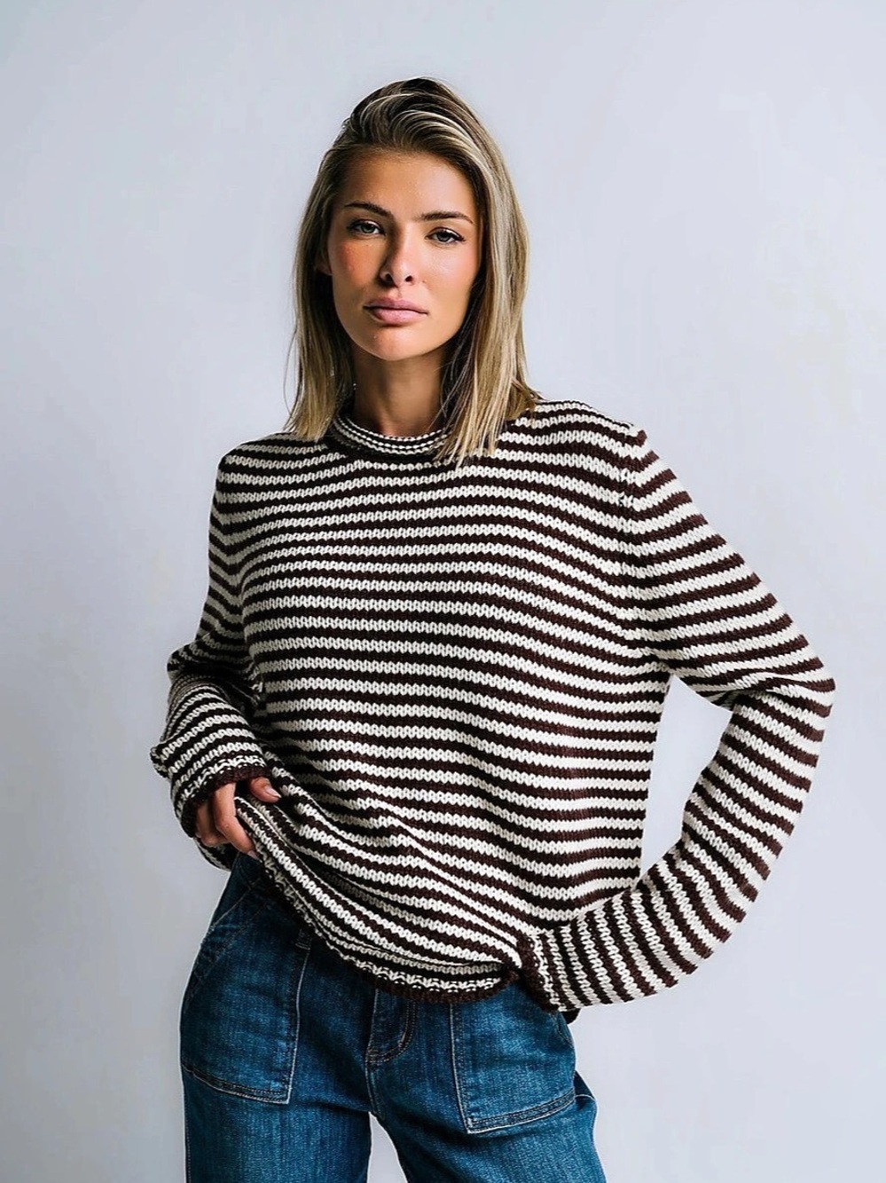 Böhme Brown & Cream Striped Chunky Knit Sweater Size Medium